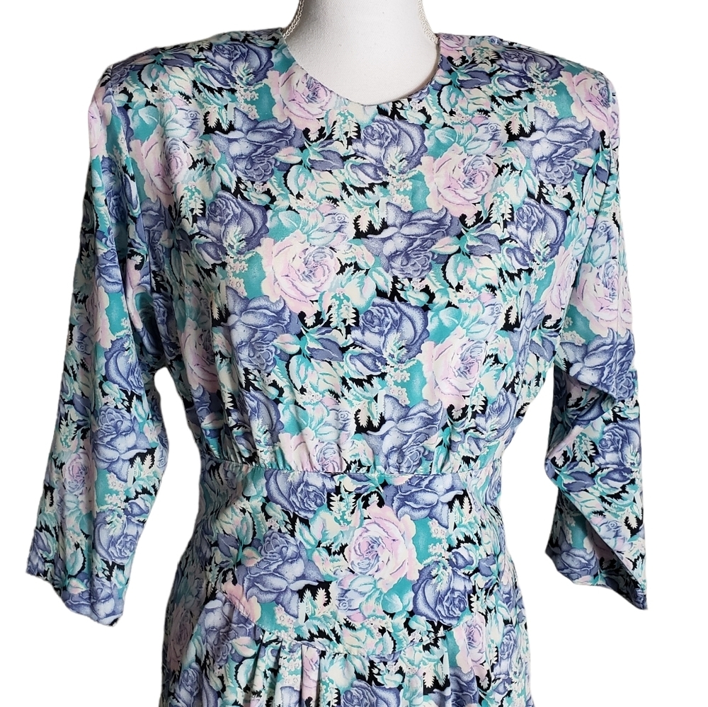 Vintage Alexis Petite Blue Floral Print Midi Dress Womens Size 11-12 Work Church - Picture 2 of 16